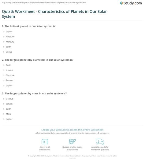 Quiz And Worksheet Characteristics Of Planets In Our Solar System