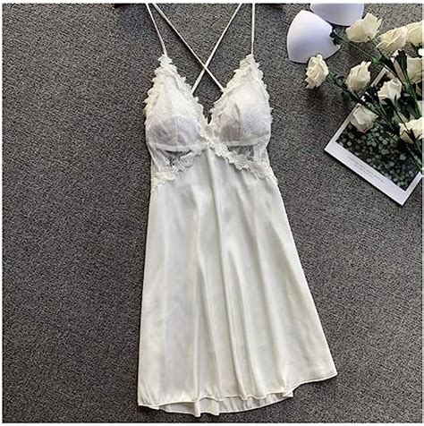 Lingerie For Women Sexy Lace Nightgown Dress Halter Deep V Neck Sleepwear White Uk