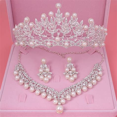 Bride Crystal Pearl Costume Jewelery Sets Necklace Earrings Tiara