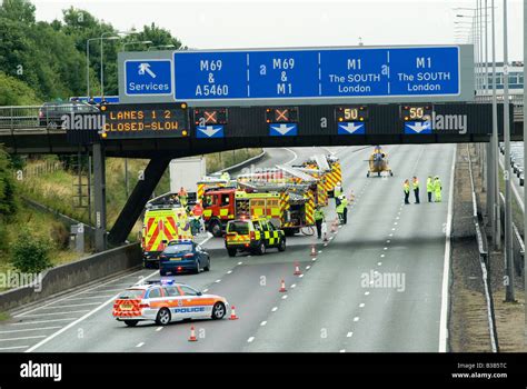 Emergency Services Gathering On The M1 Motorway Following A Nasty Road