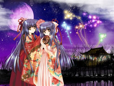 Two Black Haired Female Anime Character Wearing Kimono During Night Time With Fireworks Digital