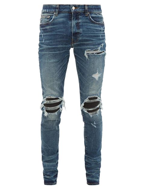 Amiri Mx1 Leather Panel Distressed Skinny Leg Jeans In Indigo Blue
