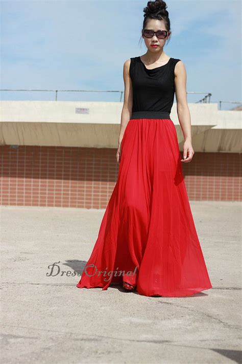 Red Maxi Skirt Red Floor Length Skirt Double Layered Chiffon Skirt Long Skirt Draping Skirts