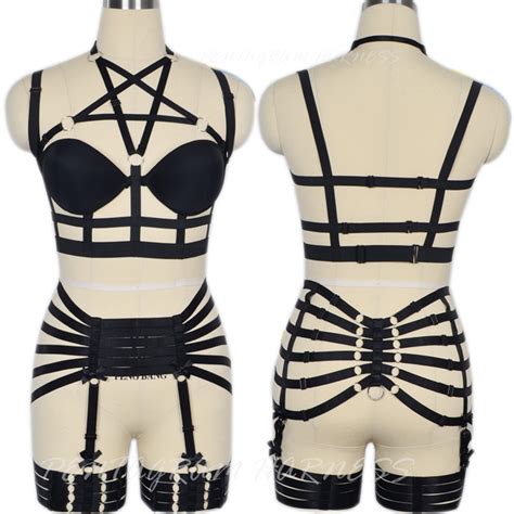 2021 pentagram harness womens goth bondage lingerie garter belt black elastic strappy body cage