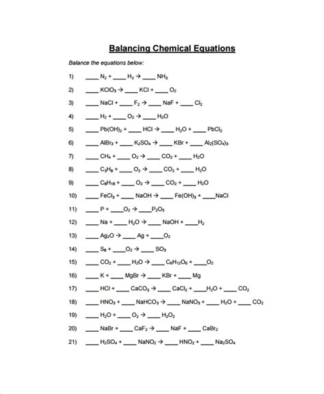 Balance the following chemical equations. Balancing Equations Practice Worksheet Answer Key ...