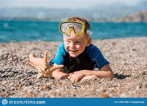 Happy Summer Vacation Snorkel Boy Portrait Kid In Mask On Beach Stock