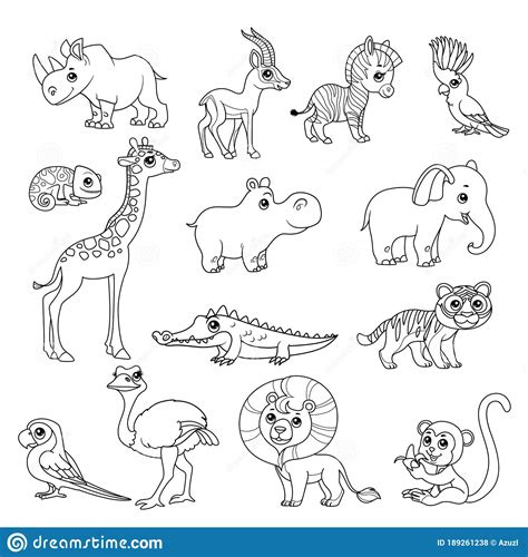 Cute Cartoon Various African Animals Set Black Doodles