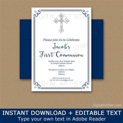 First Communion Invitation Blue First Holy Communion Etsy