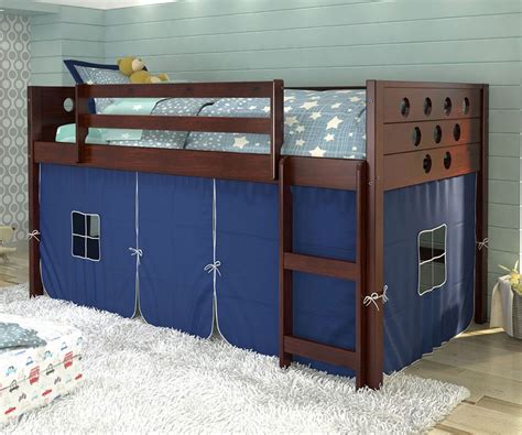 Twin Size Circles Low Loft Bed With Blue Tent In White Finish 780atw B