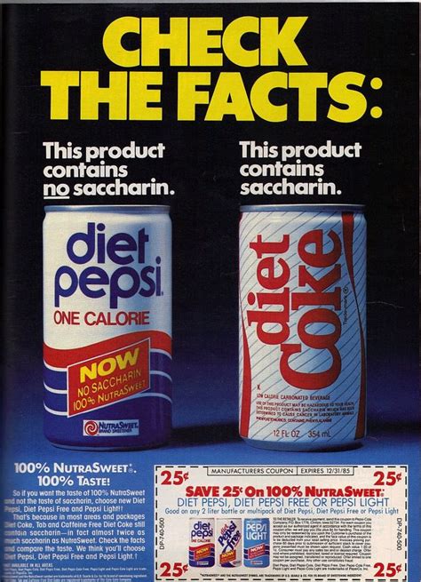 Diet Pepsi Vs Diet Coke 100 Nutrasweet 100 Taste 1985 Ad Wcoupon Diet Pepsi Pepsi Diet