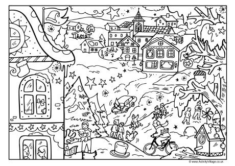 A growing collection of original, free christmas colouring pages to print for your children. Christmas Village Colouring Page