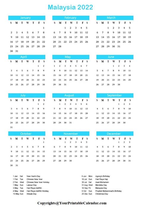 Free Printable Malaysia 2022 Calendar With Holidays Pdf