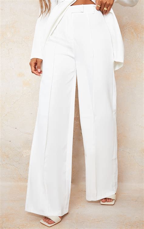 White Woven Seam Front Tailored Wide Leg Trousers Prettylittlething Uae