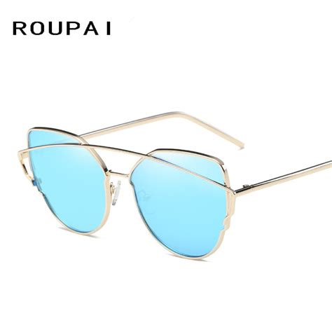 roupai women mirror polarized sunglasses metal frame cat eye fashion uv400 sun glasses lady