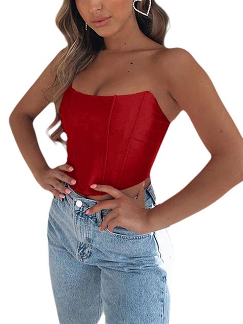 Weigosa Rosa Womens Bright Satin Tube Top Summer Fashion Sexy Off Shoulder Backless Cropped