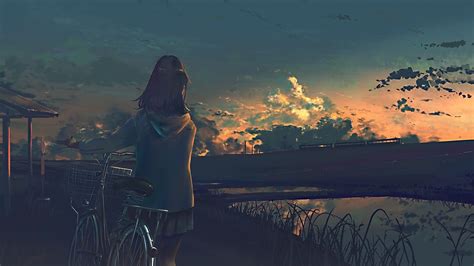 Desktop Wallpaper With Bicycle Anime Girl Sunset Original Hd Image