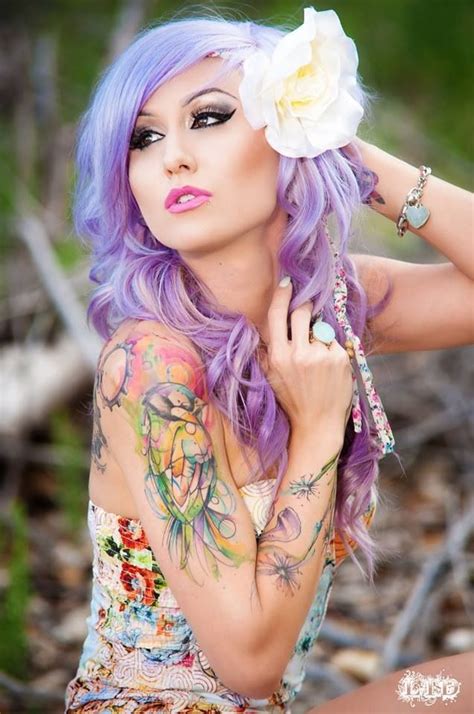 Photo Purple Hair Girl Tattoos Lilac Hair