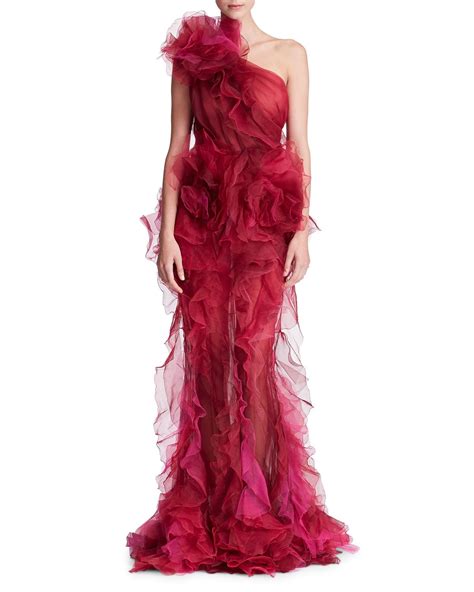 Marchesa One Shoulder Ruffled Silk Organza Tulle Evening Gown W Floral