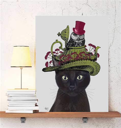 Black Cat Wall Decor Cat With Teapot And Owl Cat Wall Etsy