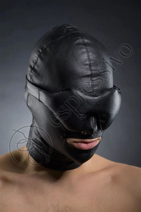 tight bdsm hood with leather blindfold and muffle gag espressivoclub