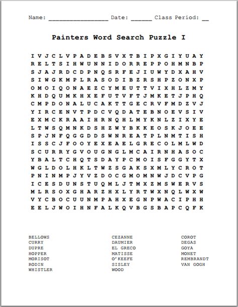 Famous Artist Word Search