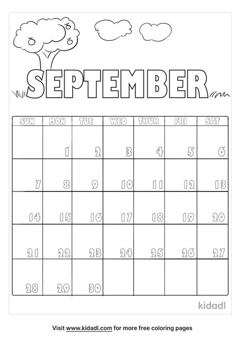 Free September Calendar Coloring Page Coloring Page Printables Kidadl