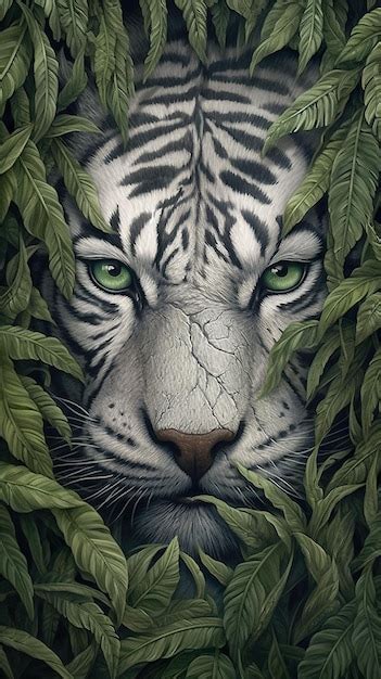 Premium Ai Image A Close Up Of A Tigers Face Surrounded By Leaves