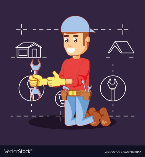 Builder Character With Home Repair Icons Vector Image