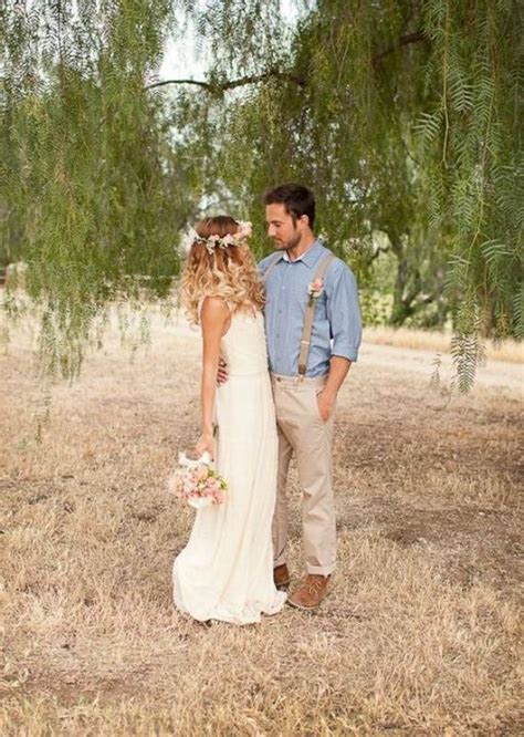 In this economy, couples are smart to figure out ways to have a beautiful wedding while cutting costs, whether in a barn, a park, or their own backyard. Picture Of a very relaxed barn groom look with a chambray ...