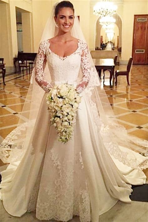 Modest Lace Long Sleeve Wedding Gowns O Neck Elegant Satin A Line