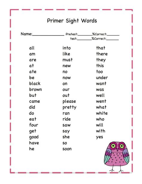 Pre Kindergarten Sight Words List