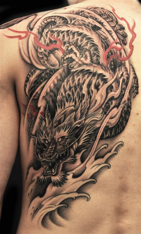 Back Shoulder Black And Grey Dragon Tattoo Chronic Ink