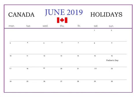 Canada June 2019 Holidays Calendar