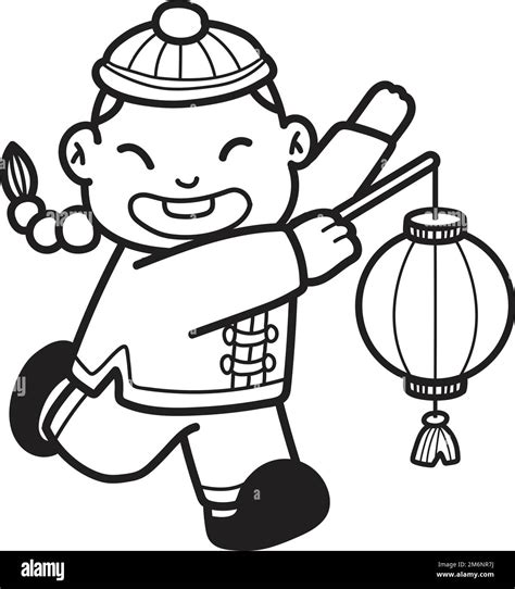 Hand Drawn Chinese Boy With Lantern Illustration Isolated On Background