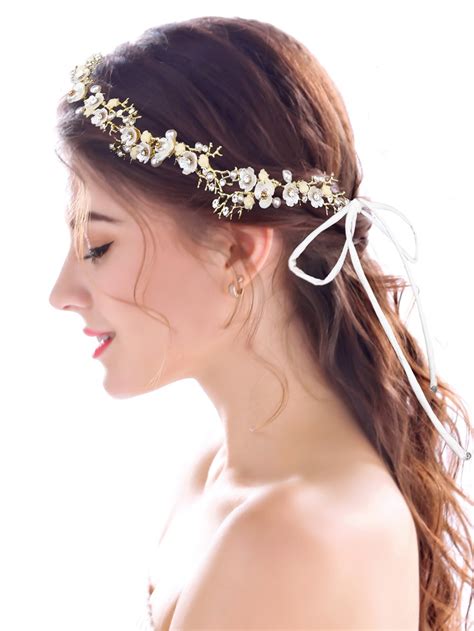 Yean Wedding Headband Flower Gold Rhinestones Twig