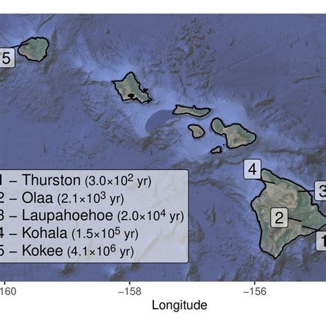 Map Of The Main Hawaiian Islands Showing The Locations And Ages Of The