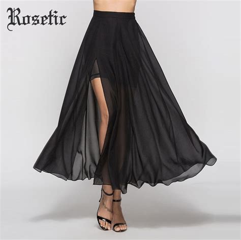 rosetic sexy gothic party long girl skirt black slit chiffon see through mesh patchwork women