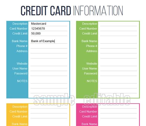 Credit Card Information Printable Fillable Personal Etsy