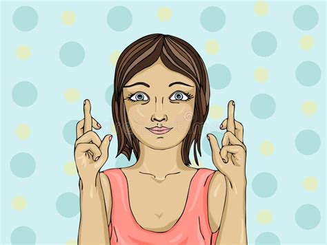 Young Woman Crossing Her Fingers Happy Girl Makes A Wish Stock Illustration Illustration Of