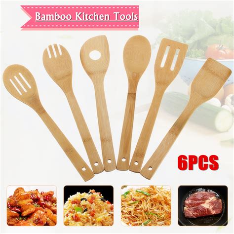 6Pcs Bamboo Kitchen Utensil Tools Slotted Spoons Spatula Cooking Mixing Set - Walmart.com