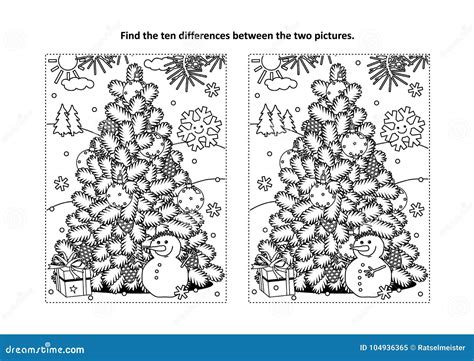 Find The Differences Visual Puzzle And Coloring Page With Christmas