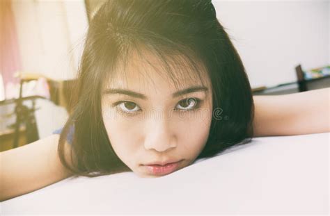 Cute Asian Girl Taking Selfie On Bed Stock Image Image Of Cute