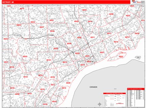 Detroit Michigan Zip Code Wall Map Red Line Style By