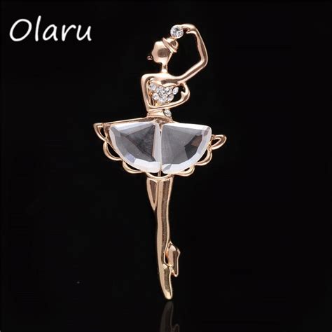 Olaru Crystal Gold Color Ballerina Girl Brooches Pins Woman Fashion