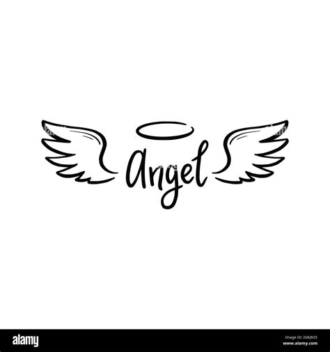 Angel Wing With Halo And Angel Lettering Text Hand Drawn Line Sketch
