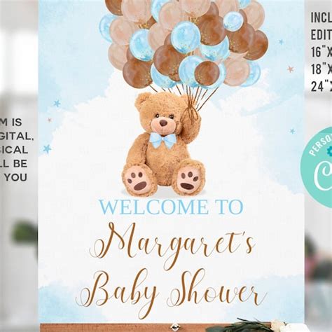 Editable Teddy Bear Baby Shower Welcome Sign Bear Themed Baby Etsy