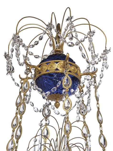 A RUSSIAN ORMOLU AND COBALT BLUE CUT GLASS EIGHTEEN LIGHT CHANDELIER