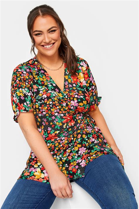 Yours Plus Size Black Floral Patchwork Print Wrap Top Yours Clothing