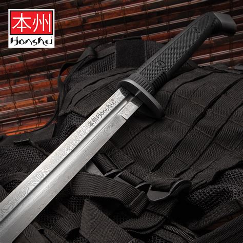 Honshu Boshin Damascus Double Edge Sword With Scabbard Damascus Steel Blade TPR Textured