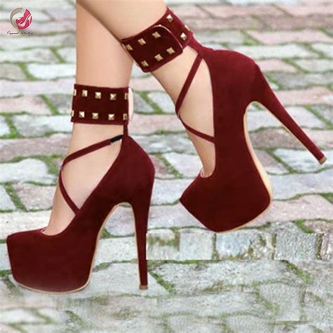 original intention super sexy rivets ankle lace sandals woman wine red high platform thin high